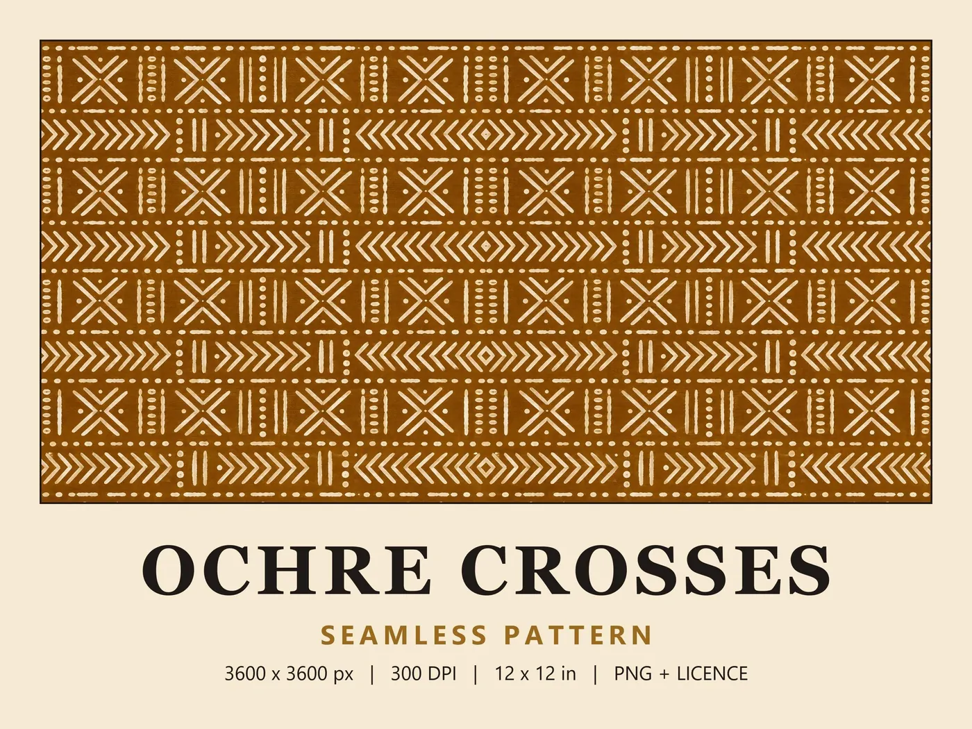 Wide swatch of cream crosses, chevrons and dots in rows on deep ochre, above the title Ochre Crosses