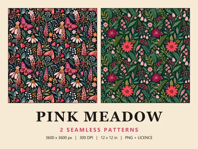 Pink Wildflower Seamless Pattern Set, Pink Meadow cover image