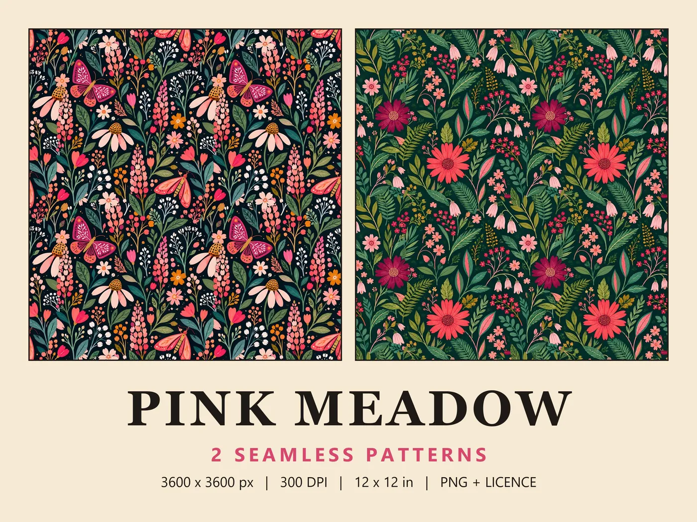 Two Pink Meadow patterns: butterflies and pink coneflowers on black, and coral daisies with pink bellflowers on green