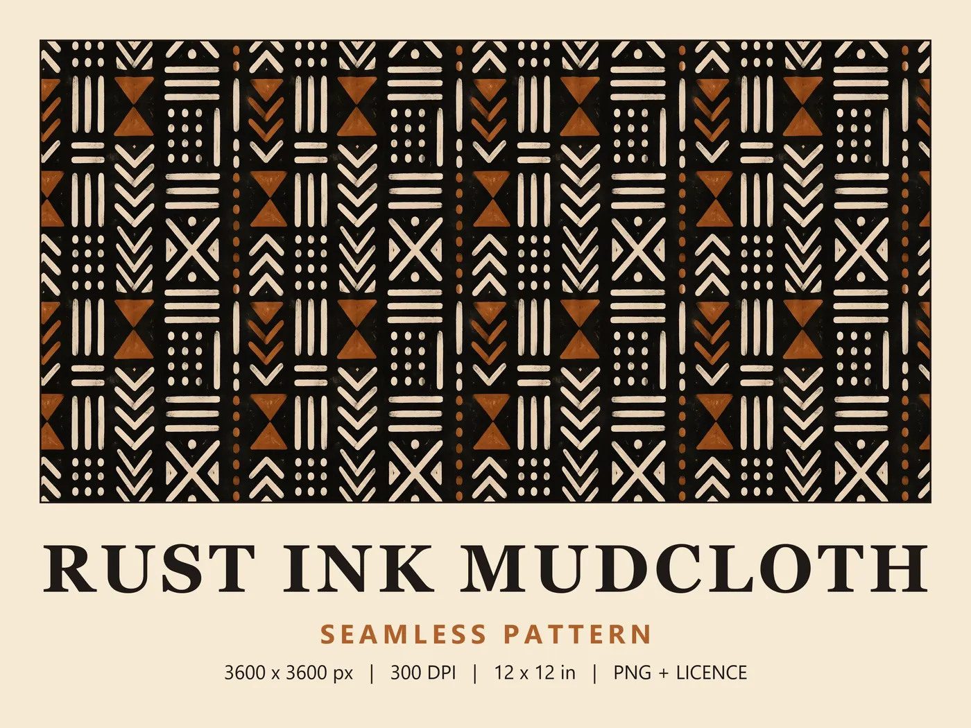 Wide swatch of cream crosses, chevrons and rust hourglass shapes on black, above the title Rust Ink Mudcloth