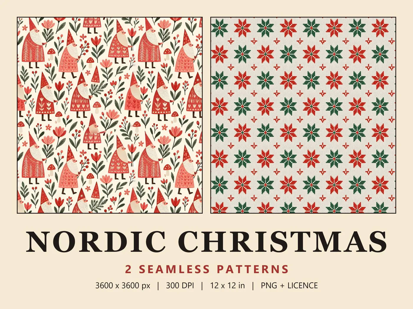 Nordic Christmas cover: a red gnome print with tulips and toadstools beside a red and green knit-effect star pattern