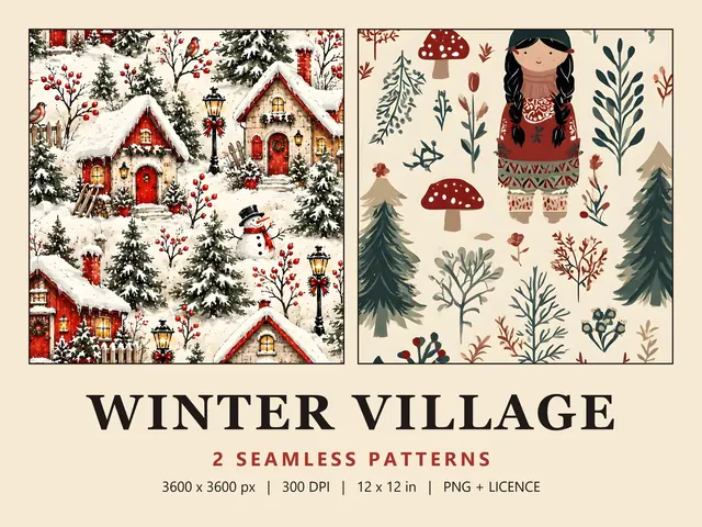 Vintage Christmas Seamless Patterns, Snowy Village Christmas cover image