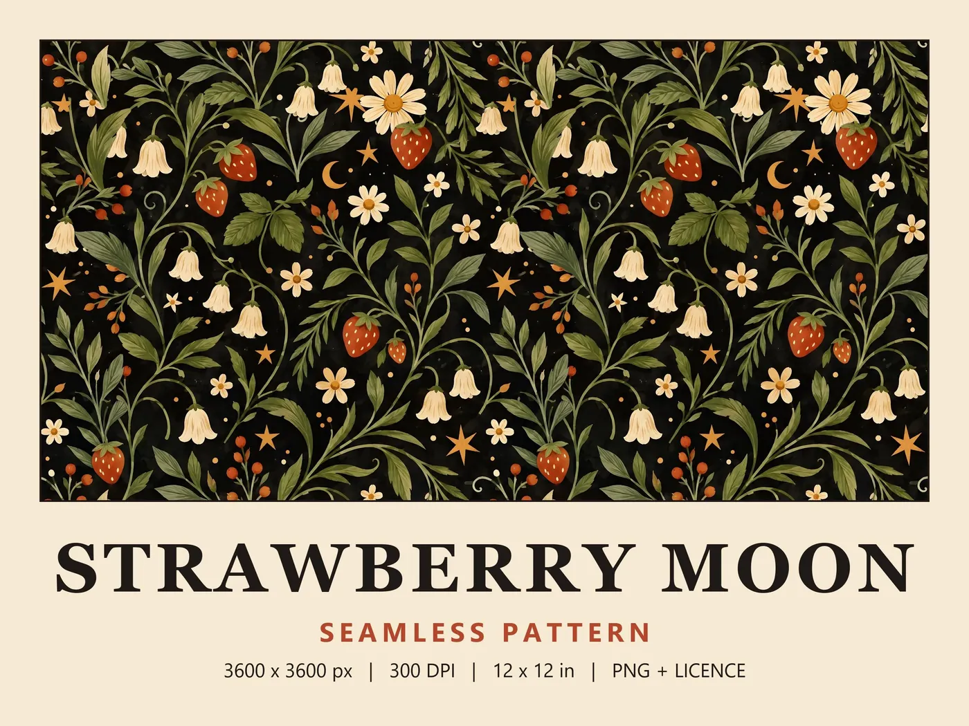 Strawberry Moon pattern: strawberries, cream bellflowers, daisies, gold stars and crescent moons on black