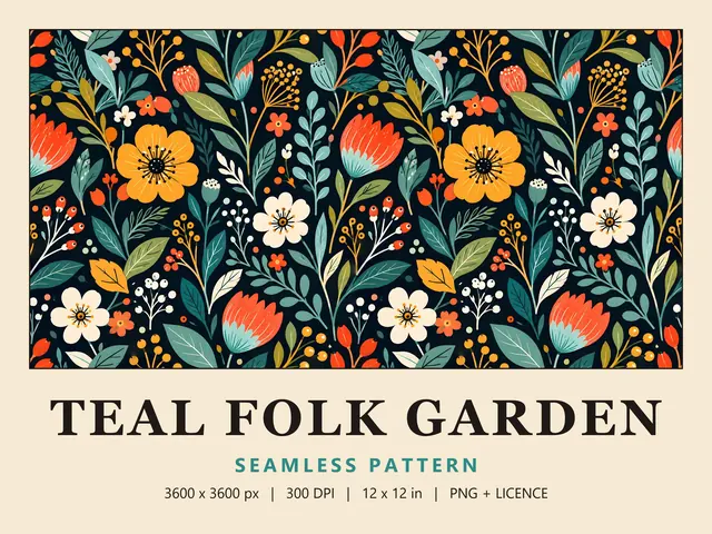 Teal Folk Floral Seamless Pattern, Teal Folk Garden cover image