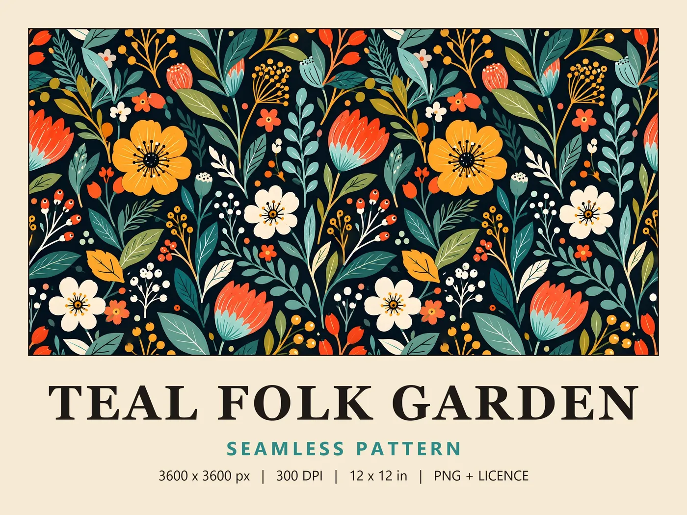 Teal Folk Garden seamless pattern of golden flowers, coral tulips and cream blossoms with teal leaves on black