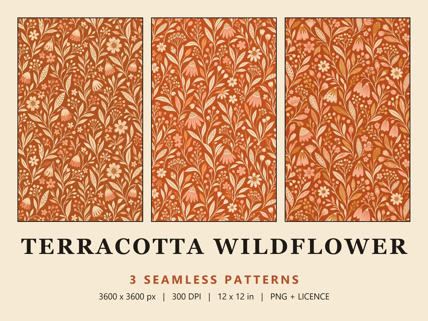 Three rust-coloured boho floral patterns with cream daisies, coneflowers and tulips, titled Terracotta Wildflower