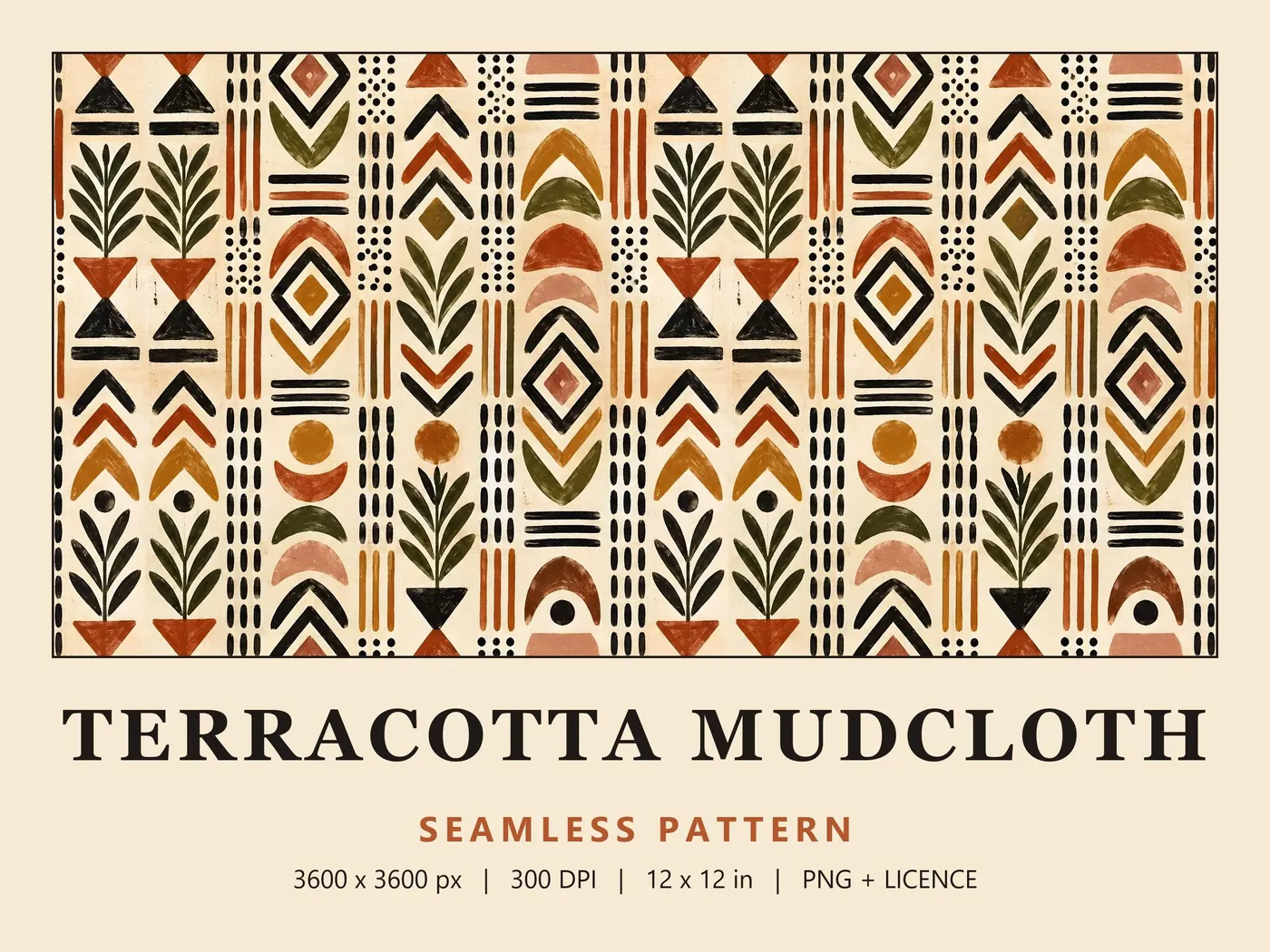 Wide swatch of olive sprigs, rust arches and black diamonds on cream, above the title Terracotta Mudcloth