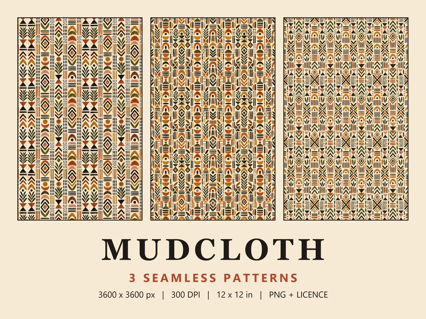 Three tall cream panels of terracotta, olive and black sprigs, arches and diamonds, above the title Mudcloth