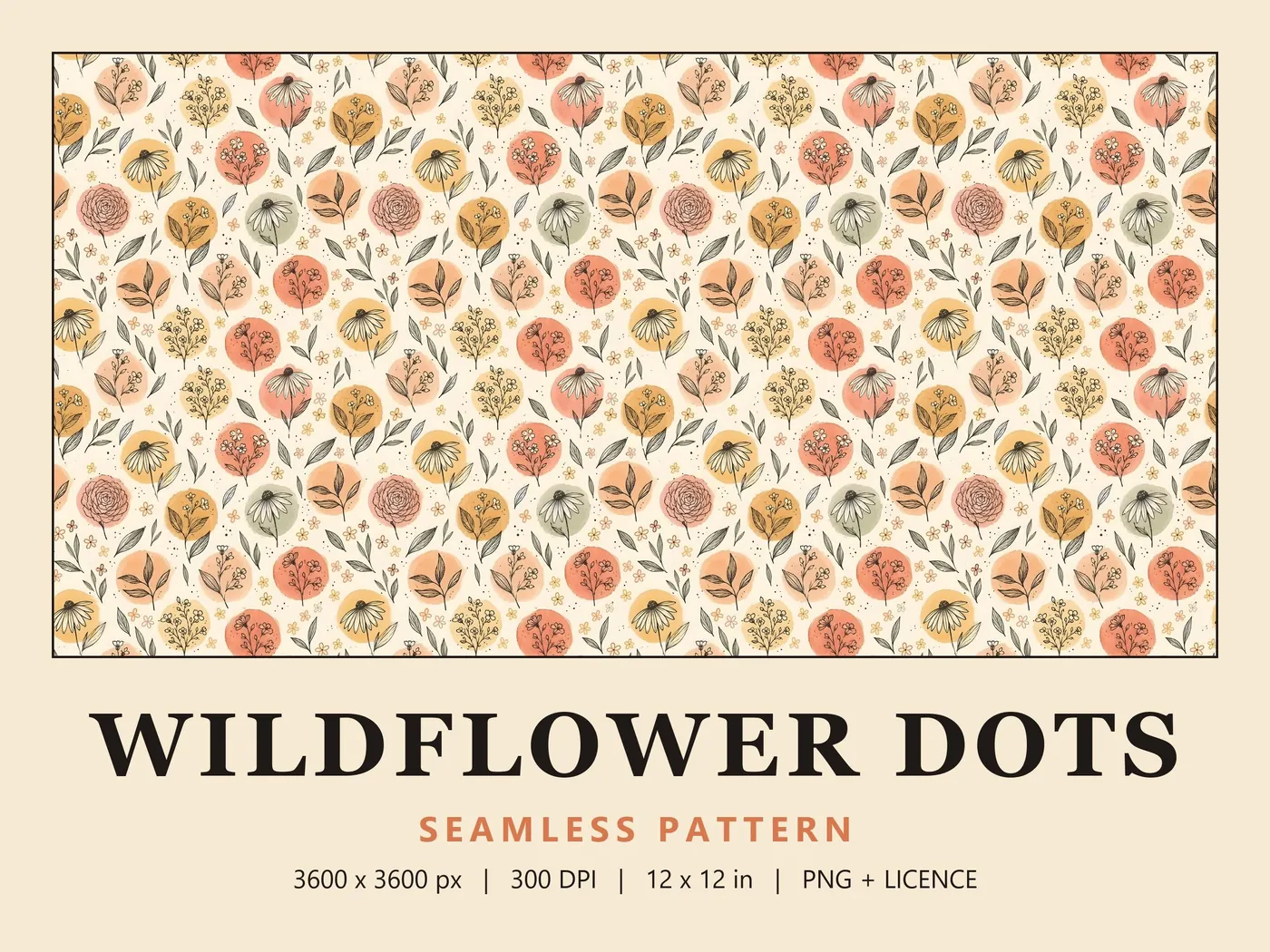Wildflower Dots pattern: fine-line coneflowers, roses and sprigs on soft round dots in warm pastels over cream